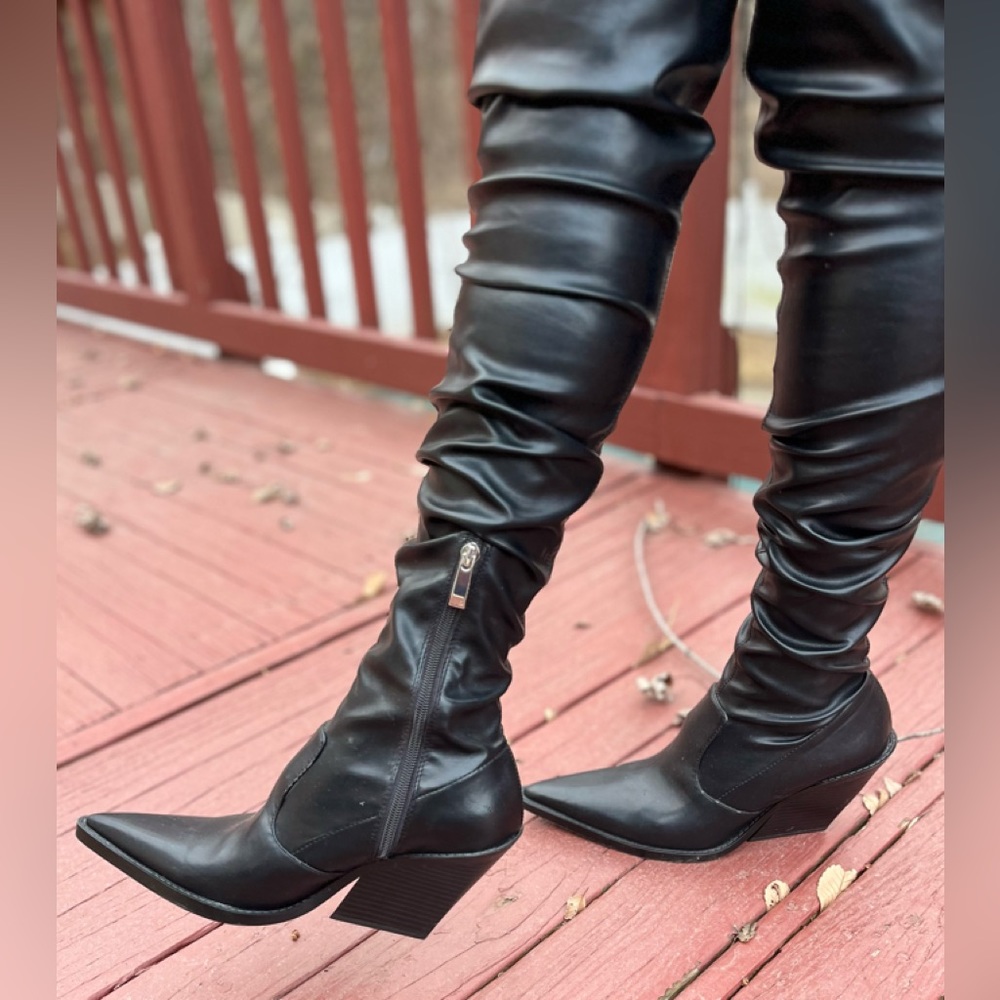 Zara Black Above Knee Boots, Angled Block Heel, Pointed Toe, Zipper, 39 (US 8.5) - Picture 8 of 11